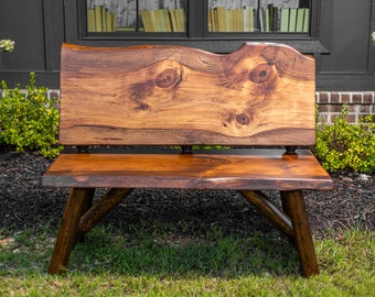 Rustic Log Live Edge Bench with Back Rest Patio Seating For Outdoor Porch Wooden Handcrafted Sturdy Bench Log Base