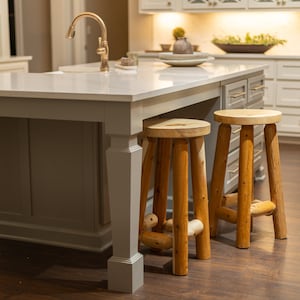 May include: A kitchen island with a light gray countertop and a matching base. Two wooden stools with three legs each are in front of the island. The stools have natural wood seats and legs. The kitchen has white cabinets and a gold faucet.