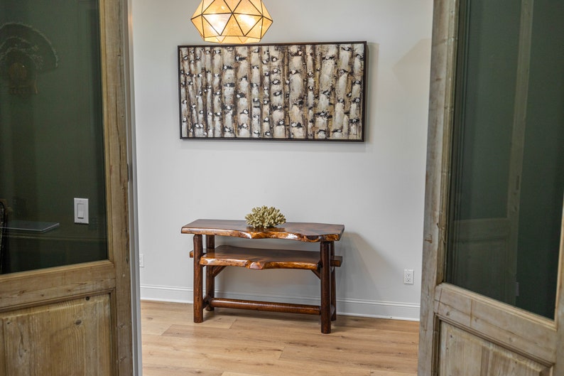 Live Edge Entryway Console Table with Shelf and Rustic Log Base immagine 8