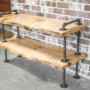 Industrial Pipe Rustic Live Edge Television Table and Entertainment Center With Shelf Decorative Storage with Rustic and Modern Wood