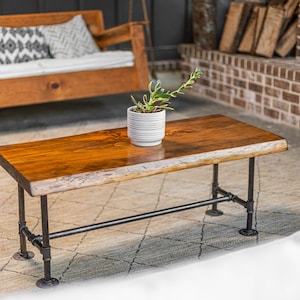 Rustic Live Edge Coffee Table: Industrial Pipe, White Pine