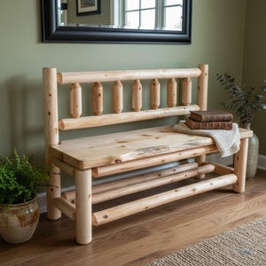 Rustic Log Spindle Back Bench: Live Edge White Pine Seat, Porch or Entryway