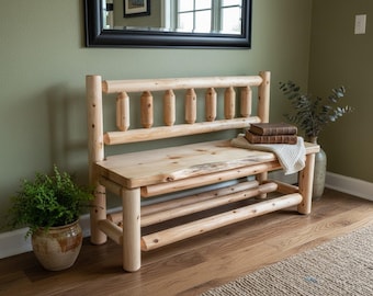 Rustic Log Spindle Back Bench: Live Edge White Pine Seat, Porch or Entryway