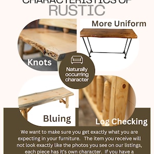 Pode incluir: Um gr&aacute;fico informativo da Southern Rustic mostrando as caracter&iacute;sticas dos m&oacute;veis r&uacute;sticos. A imagem destaca n&oacute;s, azulamento, verifica&ccedil;&atilde;o de toras e uma apar&ecirc;ncia mais uniforme nos m&oacute;veis. O texto inclui "Obrigado por escolher a Southern Rustic!"