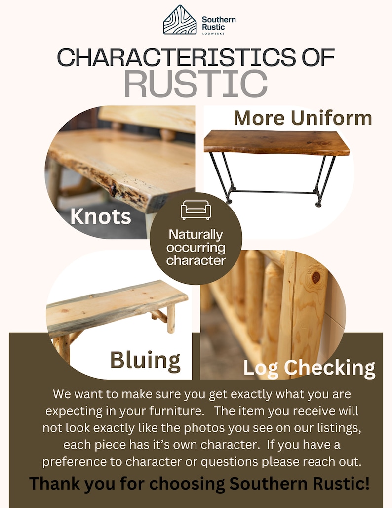 Pode incluir: Um gr&aacute;fico informativo da Southern Rustic mostrando as caracter&iacute;sticas dos m&oacute;veis r&uacute;sticos. A imagem destaca n&oacute;s, azulamento, verifica&ccedil;&atilde;o de toras e uma apar&ecirc;ncia mais uniforme nos m&oacute;veis. O texto inclui "Obrigado por escolher a Southern Rustic!"