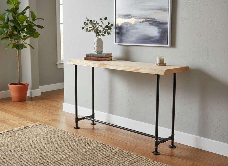Mesa consola con borde natural y patas de tubería industrial – Mesa de entrada rústica de madera imagen 2