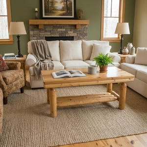 May include: A cozy living room scene featuring a light-colored sofa, patterned armchairs, and a wooden coffee table. A woven rug covers the floor. The room is decorated with lamps, a fireplace, and a painting, creating a warm and inviting atmosphere.