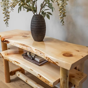 Rustic Live Edge Entryway Console Table with Shelf and Rustic Log Base