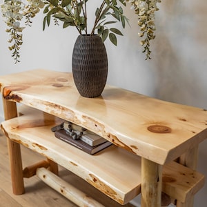 Rustic Log Live Edge Sofa Table with Shelf For Living Room And Entryway Room Natural Clear