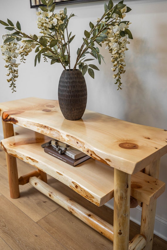 Rustic Live Edge Entryway Console Table with Shelf and Rustic Log Base