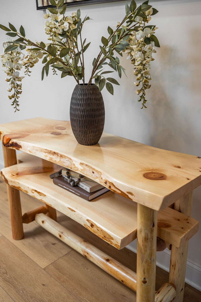 Rustic Log Live Edge Sofa Table with Shelf For Living Room And Entryway Room Natural Clear