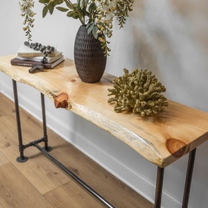 Industrial Pipe Live Edge Console Table With Rustic Wood Live Edges Narrow Entryway Table