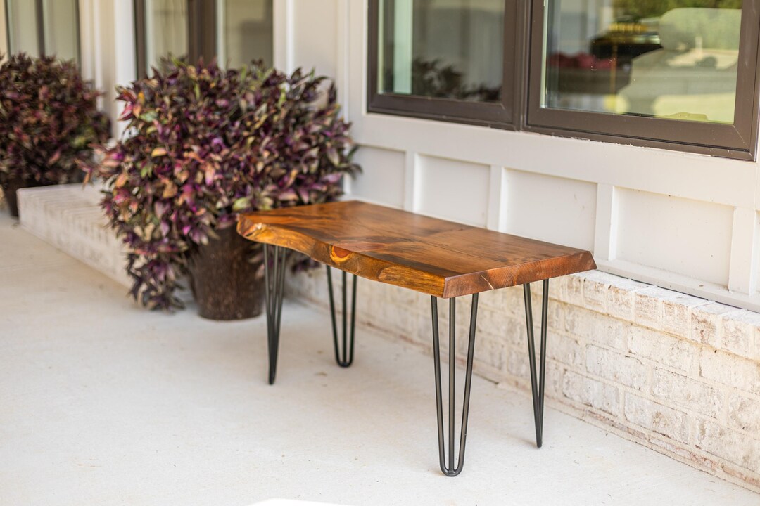 Handcrafted Live Edge Bench: Rustic Honey Pine With Hairpin Legs - Etsy