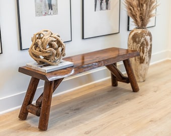 Rustic Log Live Edge Pine and Cedar Bench for Entryway or Porch Seating