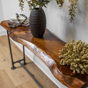 Industrial Pipe Live Edge Console Table With Rustic Wood Live Edges Narrow Entryway Table