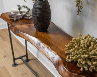 Industrial Pipe Live Edge Console Table With Rustic Wood Live Edges Narrow Entryway Table