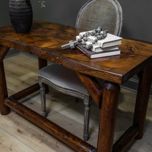 Live Edge Rustic Wooden Handcrafted Sturdy Desk with Log Base for Home and Office