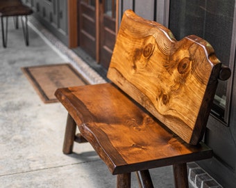 Rustic Log Live Edge Bench with Back Rest For Outdoor Bench On Porch Farmhouse Bench With Live Wood on Cabin Patio