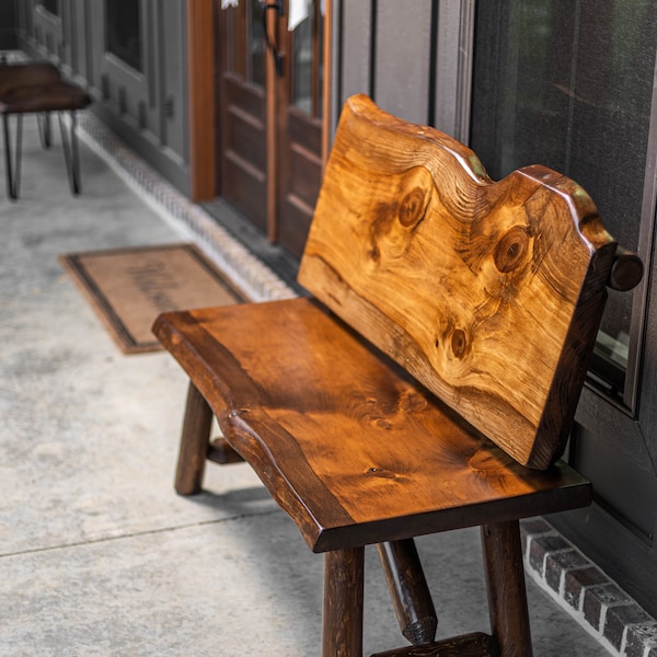Live Edge Personalized Log Bench with Backrest: Rustic Outdoor Seating with Engravings Option Customizations