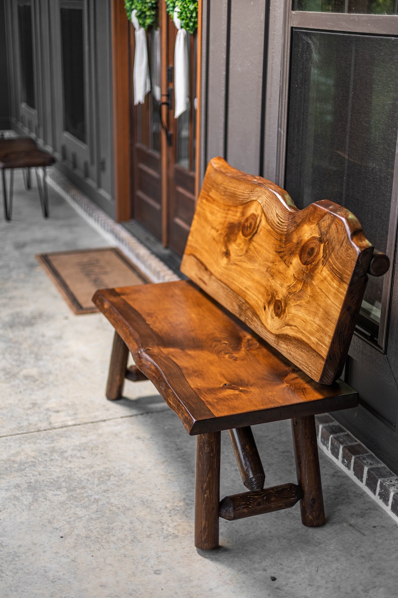 Live Edge Personalized Log Bench With Backrest: Rustic Outdoor Seating ...
