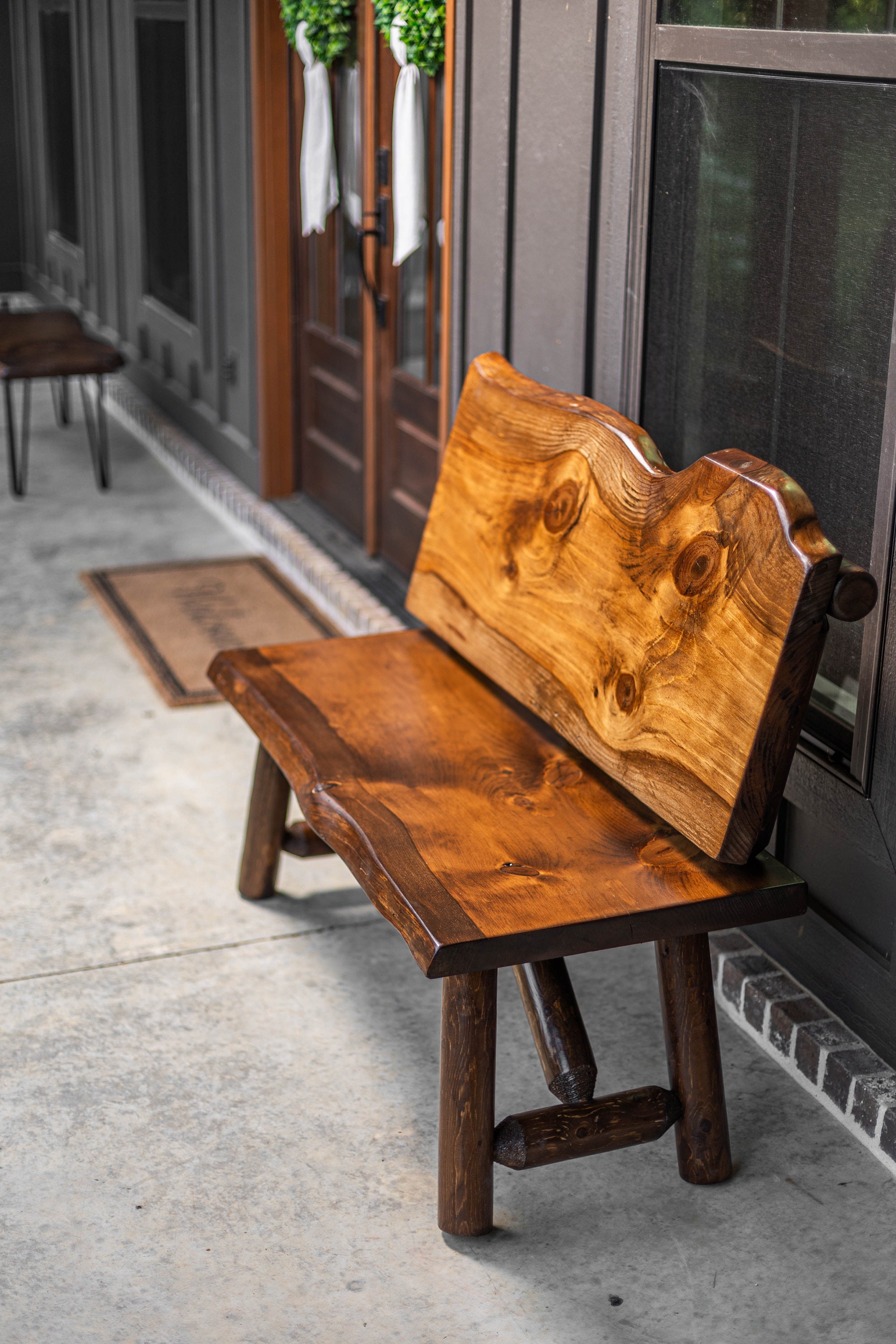 Rustic outdoor outlet bench with back