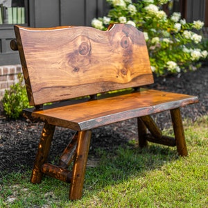 Rustic Log Live Edge Bench with Back Rest For Outdoor Bench On Porch Farmhouse Bench With Live Wood on Cabin Patio