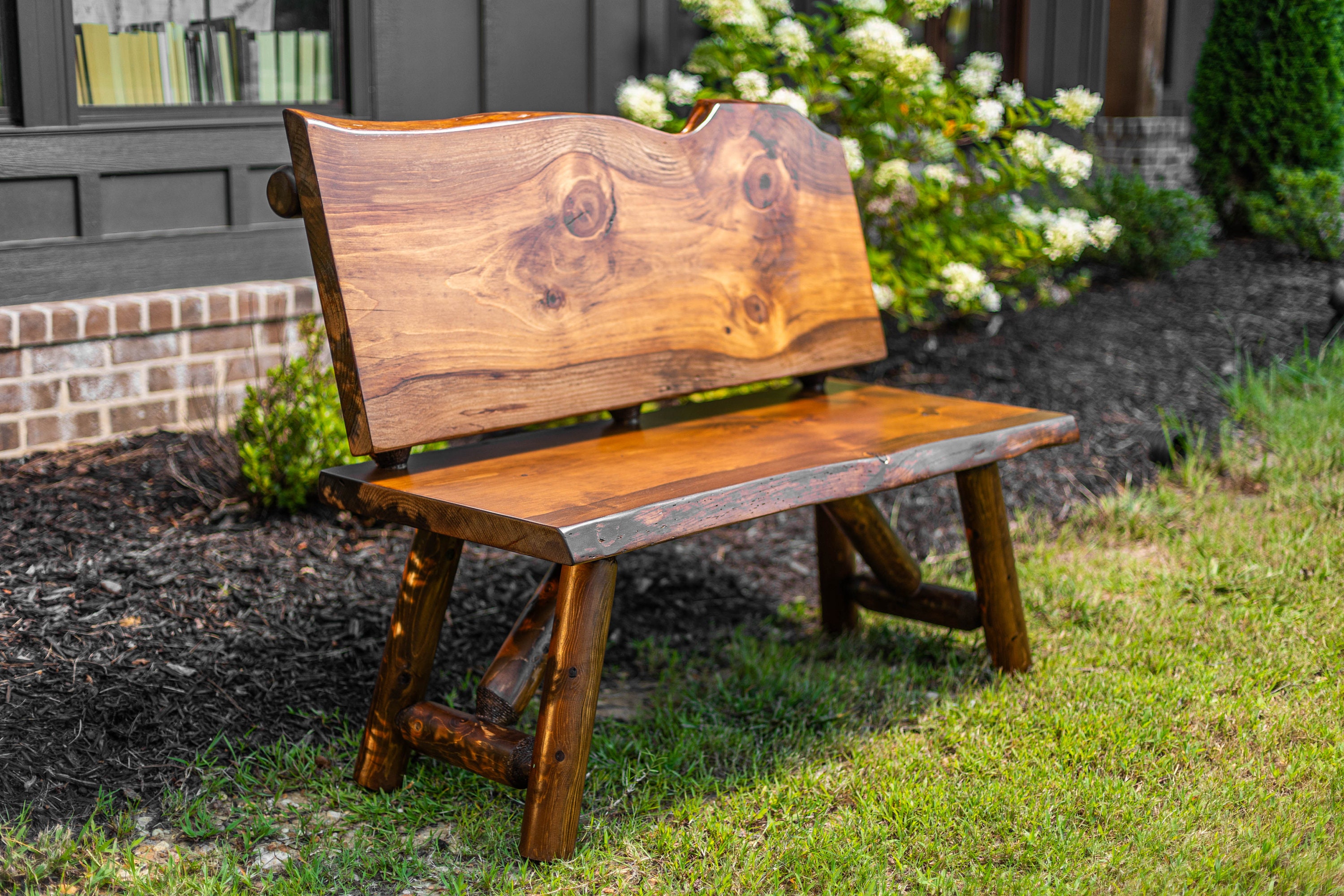 Rustic Log Live Edge Bench with Back Rest For Outdoor Bench On Porch Farmhouse Bench With Live Wood on Cabin Patio