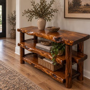 May include: A three-tier console table crafted from dark brown wood with a natural live edge finish. The table features thick, cylindrical log-style legs and supports, showcasing a polished, glossy texture throughout the entire wooden structure.