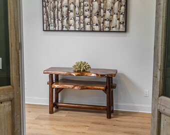 Rustic Log Live Edge Sofa Table with Shelf For Living Room And Entryway Room