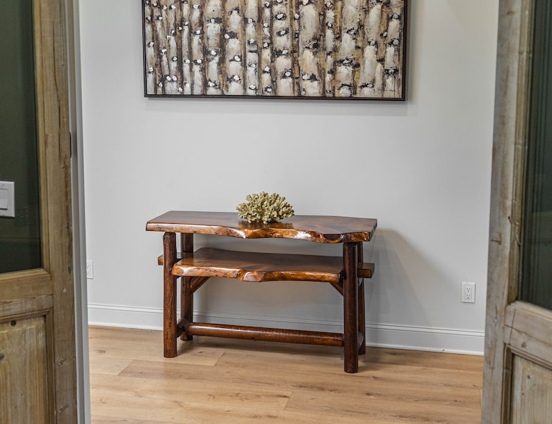 Rustic Log Live Edge Sofa Table with Shelf For Living Room And Entryway Room image 2