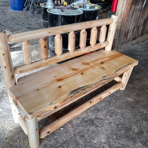 Rustic Log Back Bench: Live Edge White Pine Seat, Porch or Entryway