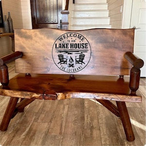 Live Edge Bench with Log Base & Engraved Back - Rustic Cabin Decor