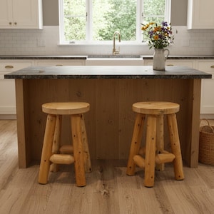 Rustic Log Barstool With Round Seating for Pub Style Dining and Kitchen Lakehouse Tables