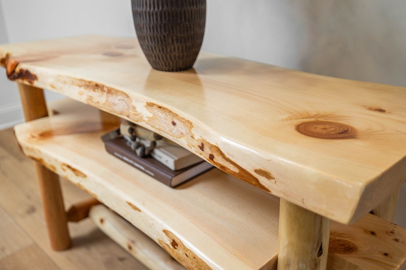 Live Edge Entryway Console Table with Shelf and Rustic Log Base immagine 1