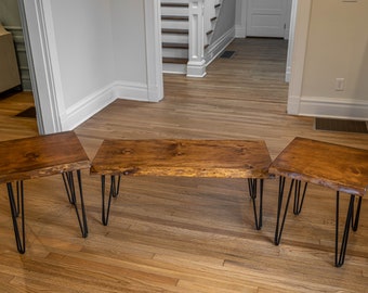 Rustic Live Edge Coffee Table and End Tables Set With Metal Hairpin Legs