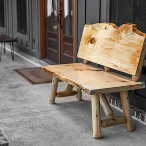 Rustic Log Live Edge Bench with Back Rest Patio Seating For Outdoor Porch Wooden Handcrafted Sturdy Bench Log Base