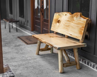 Rustic Log Live Edge Bench with Back Rest Patio Seating For Outdoor Porch Wooden Handcrafted Sturdy Bench Log Base