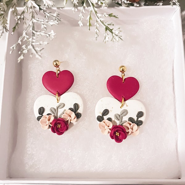 Floral Heart Earrings | Handmade | Valentines Day | Polymer Clay