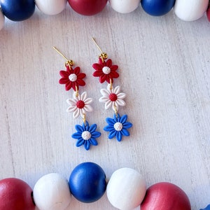 Red White and Blue Flower Dangles | 4th of July Earrings | Polymer Clay Earrings | Handmade