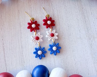 Red White and Blue Flower Dangles | 4th of July Earrings | Polymer Clay Earrings | Handmade