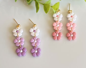 Fleurs 3 étages | Boucles d'oreilles d'été | Boucles d'oreilles en pâte polymère | Boucles d'oreilles printemps | Léger