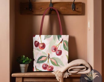 Vintage kersenhouten draagtas met rode kersen en groene bladeren | Cottagecore Cherry Aesthetic zomertas voor kersenliefhebbers | Cadeaus voor mama