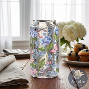 Hydrangea Dreams Glass Tumbler | Elegant Floral Can with Butterflies and Dragonflies | Cottagecore Hydrangea Gift | Botanical Glass Mug