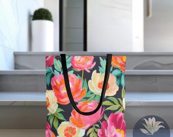 Peony Tote Bag | Vibrant Floral Flower Print Aesthetic Botanical Tote | Colorful Reusable Shopping Bag for Women | Large Cottagecore Tote