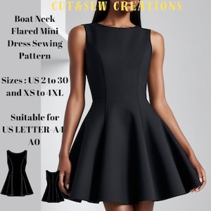 Vestido curto flare com decote canoa, padrões de costura, tamanhos; EUA 2 a 30 e XS a 4XL, adequado para A0- A4-US Letter