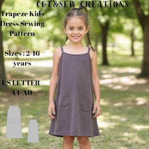 Patrón de costura para vestido trapecio infantil, tallas: 2 a 16 años, apto para tallas A0, A4 y carta de EE. UU.