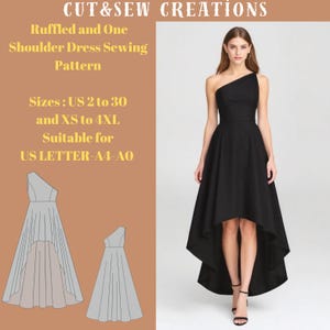 Patrón de costura para vestido con volantes y un hombro descubierto, tallas: EE. UU. 2 a 30 y XS a 4XL, adecuado para tallas A0, A4 y Carta de EE. UU.