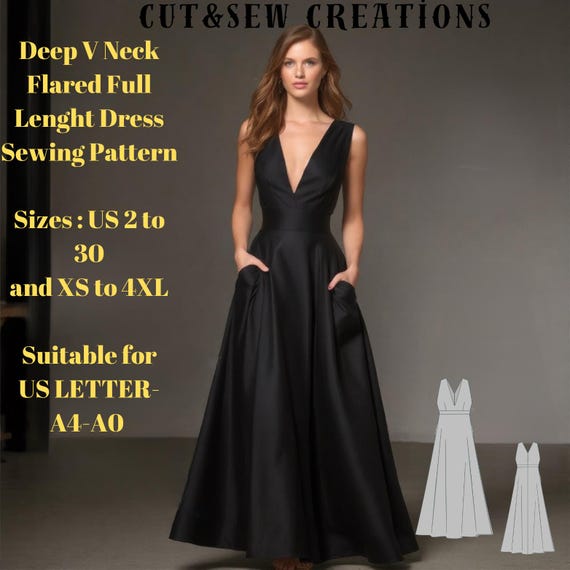 how to sew a deep v-neck dress Deep V Neck Flared Full Lenght Dress Sewing Pattern,sizes ;US 2 to 30 and  XS to 4xl,suitable A0- A4-US Letter