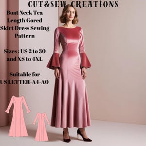 Peut inclure: Patron de couture pour robe en velours rose avec un col bateau, des manches longues et une jupe à godets. Le patron est adapté aux tailles françaises 34 à 52 et XS à 4XL. Le patron est adapté aux formats de papier A4 et A0.