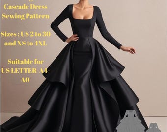 Midnight Cascade Dress Sewing Pattern,Sizes ;US 2 to 30 and XS to 4XL,Suitable A0- A4-US Letter